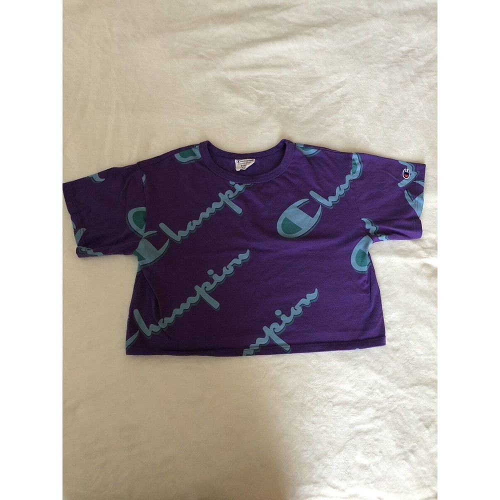 Champion Reverse Weave‎ Cropped Purple Logo Shirt Women M Vintage/ VTG Style